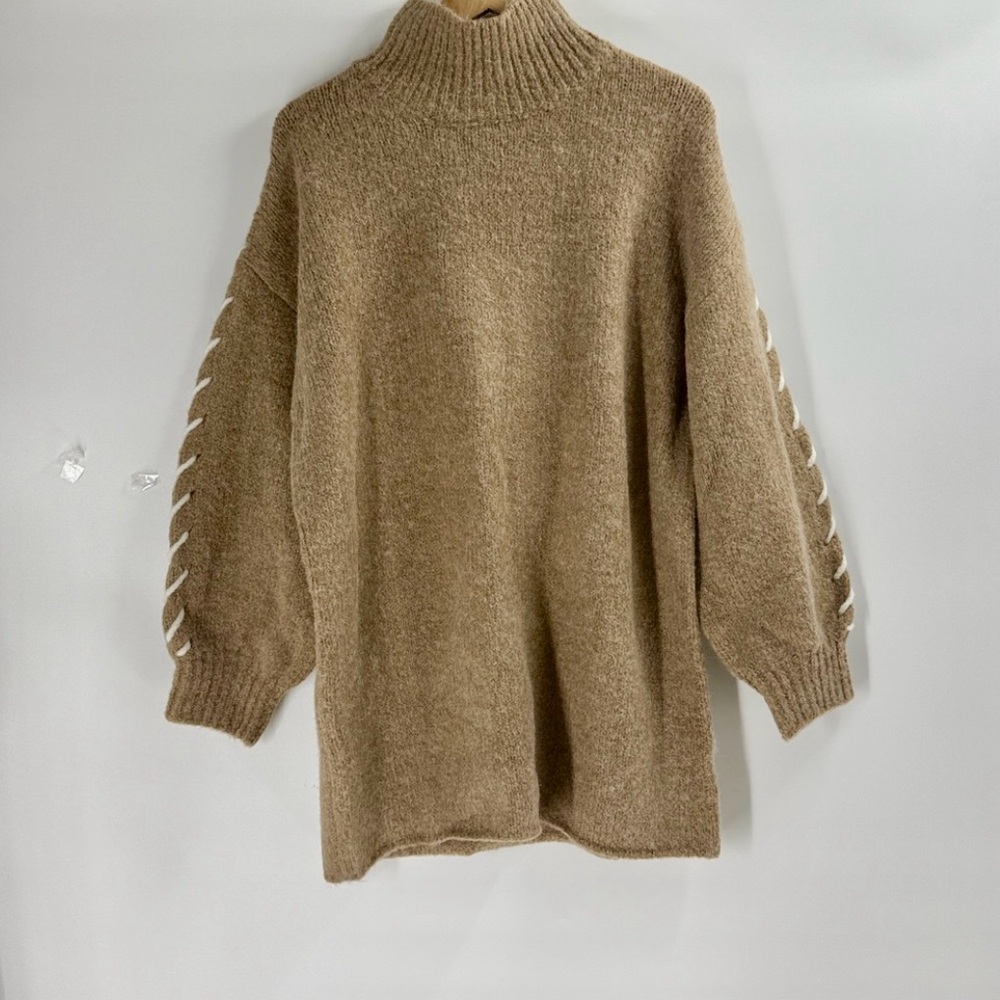 Le Lis Wool blend tunic turtleneck cozy knit sweater beige white trim preppy New